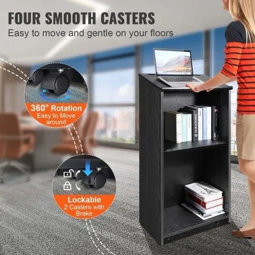 Podium Stand, 119 cm Hostess Stand with 4 Rolling Wheels, Wood Podium with Storage Shelves, and Slant Desktop