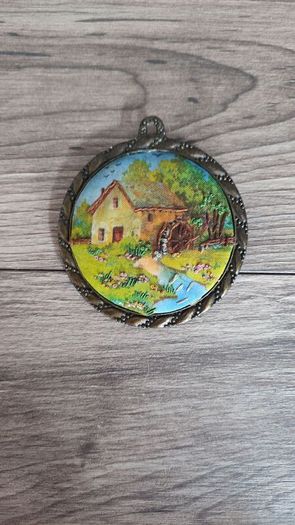 X3 vintage framed creative circle CrossStitch Embroided pictures wishing well, mill and fishing harbour