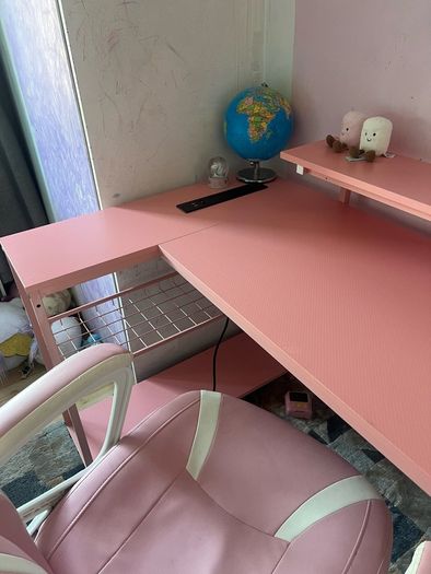 L Shaped Desk with Power Outlets & LED Lights & Pink Gaming Chair for Girls