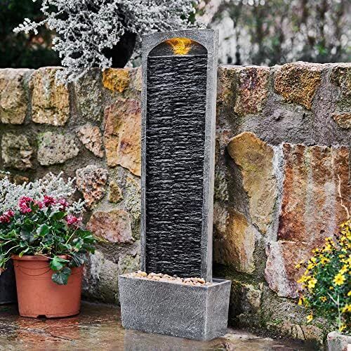 Home Garden Water Feature with LED Lights and Pump, Large Garden Water Fountain, Indoor and Outdoor Straight Waterfall Fountain, Slate Effect