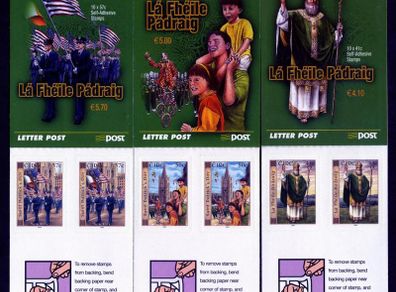 2003 Ireland St Patrick's Day (41c St. Patrick, 50c Cathedral & 57c Parade) self-adhesive Commemorative Stamp Booklet Mint Never Hinged (MNH). Hibernian HB107&HB108&HB109.