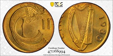 Ireland 1980 1d penny mint error struck on 2 gram brass planchet PCGS MS66