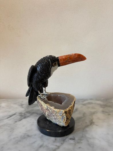 Hand-Carved Gemstone Toucan on Agate Geode Base