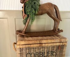 New bespoke XXL vintage style wood effect rocking horse with real feel neck garland and oversized bow