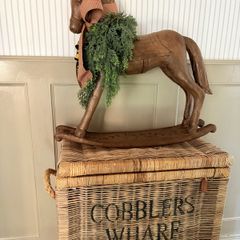 New bespoke XXL vintage style wood effect rocking horse with real feel neck garland and oversized bow