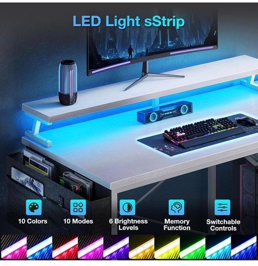 L Shaped Gaming Desk with LED Lights, 100 x 70 cm Computer Desk with Power Outlet