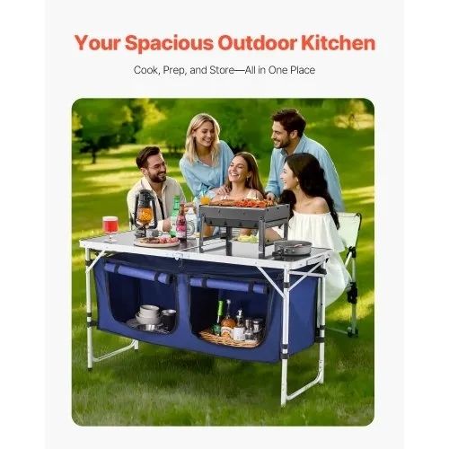 Camping Kitchen Table, Folding Outdoor Cooking Table, 3 Adjustable Height, Aluminum Lightweight Portable Cook Station