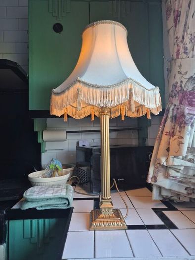 Tall lamp Vintage Gold metal Neoclassical  column lamp with silk called fringed tassled shade