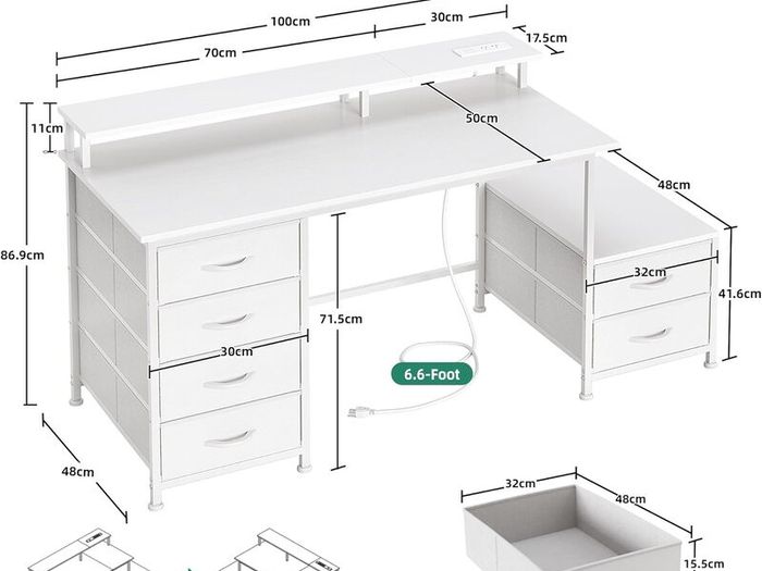 128cm Desk with Fabric File Cabinet Computer Shelves and Drawers Writing Table Monitor Stand Study Workstation for Home Office White