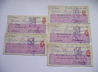 5 Vintage Cheques from Ulster Bank with Consecutive numbers (1892)