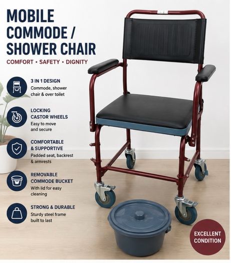 Mobile Commode / Shower Chair with Wheels