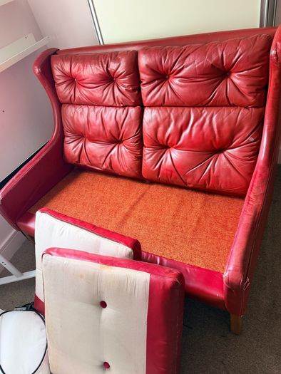 Vintage Red Leather Tufted High-Back Loveseat / 2-Seater Sofa