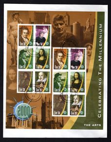 2000 Ireland Celebrating the Millennium Series 4 The Arts Commemorative Stamp Sheet Fine Used on envelope with clear Dublin Steele Cancel