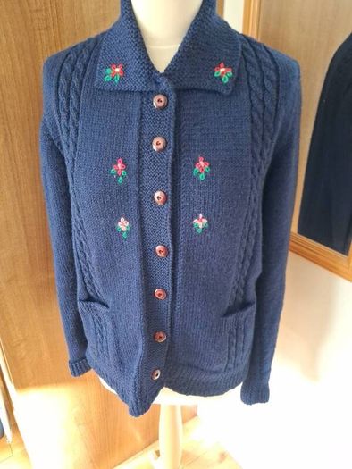 Hand Crafted & Hand Embroidered New Navy Wool Cardigan Size 12-14