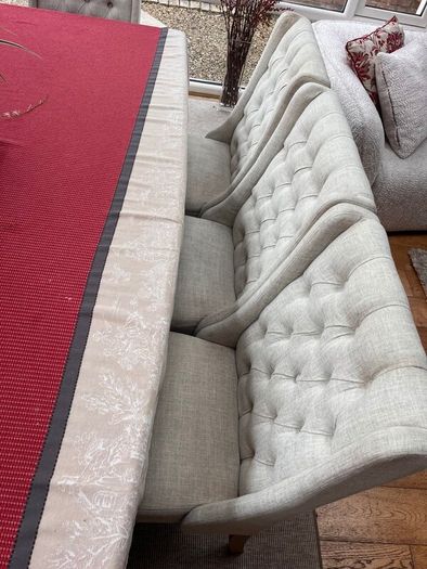 Cream button backed Kitchen chairs.