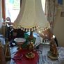 A Beautiful Large Heavy Victorian-style Brass Table Lamp with Brass Baluster Stem and Faceted, Paneled Knop, raised on a Stepped Hexagonal Base; fitted with a tall, cream textile shade with scalloped fringe and tassel trim, Postage Available or collection Image 2