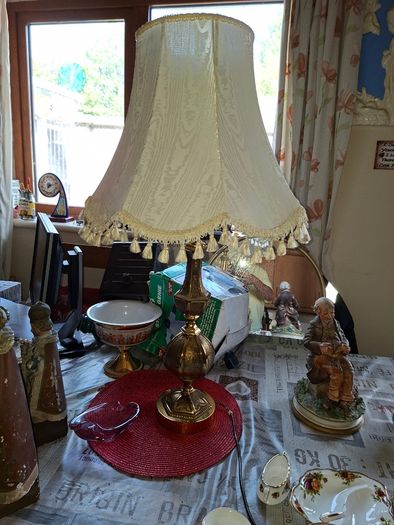 A Beautiful Large Heavy Victorian-style Brass Table Lamp with Brass Baluster Stem and Faceted, Paneled Knop, raised on a Stepped Hexagonal Base; fitted with a tall, cream textile shade with scalloped fringe and tassel trim, Postage Available or collection