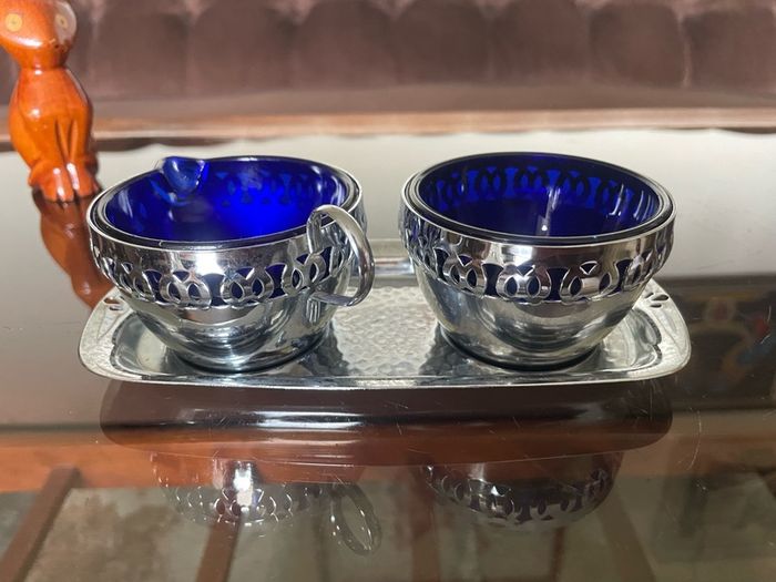 Vintage Silver Chromed Metal Cobalt Blue Glass Sugar and Creamer Set Serving Tray