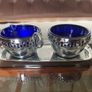 Vintage Silver Chromed Metal Cobalt Blue Glass Sugar and Creamer Set Serving Tray Image 9