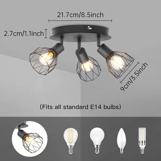 3 Way Ceiling Spotlight Rotatable - Spot Light Ceiling Black Ceiling Lights Industrial E14 - Spot Light Fittings Wire Cage Wall Spotlight Bar for Kitchen Living Room Bedroom No Bulb