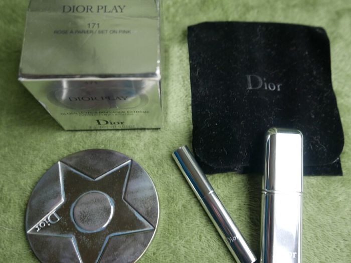 Christian Dior Play Swarovski Diamond Cube Lip Gloss Charm and CHRISTIAN DIOR Lucky Star makeup hand mirror compact brush