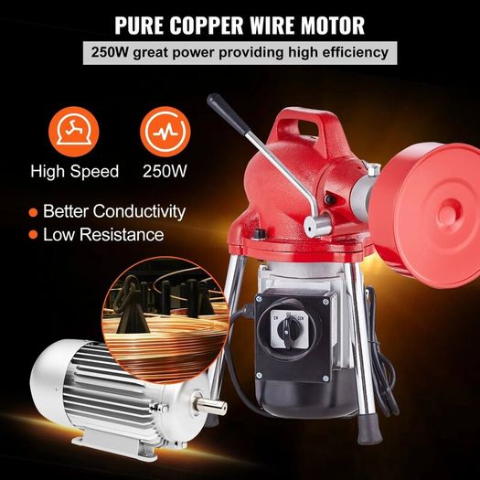Drain Cleaner Machine Electric Sewer Snake Auger Manual Feed with 2 Sectional Steel Cables 250W