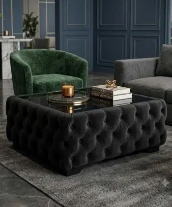 Chesterfield Coffee Table Velvet Rectangle 83x63x45cm with Glass