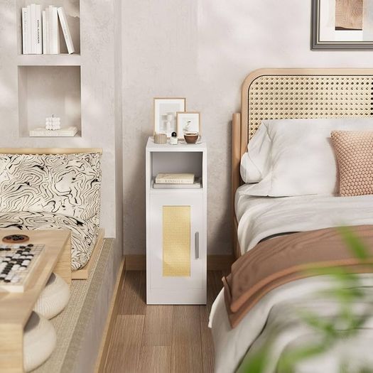 Slim Bedside Table Set of 2, Rattan Nightstand with Open Compartments and Cupboard for Small Spaces, Small Narrow Side End Table for Bedroom Living Room, White