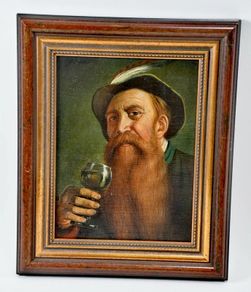 Oil painting of a hunter with a glass of wine