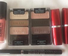 Two Wet n Wild Eyeshadow Trios Maybelline Lipsticks essence gloss and NYC Liquid Eyeliner
