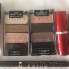Two Wet n Wild Eyeshadow Trios Maybelline Lipsticks essence gloss and NYC Liquid Eyeliner