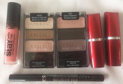 Two Wet n Wild Eyeshadow Trios Maybelline Lipsticks essence gloss and NYC Liquid Eyeliner