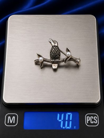 Vintage 925 Sterling Silver Marcasite & Cultured Pearls Singing Bird Brooch