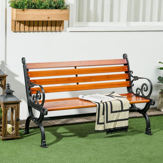 Two-Seater Bench with Decorative Armrests for Garden & Patio, Cast Aluminum + Natural Wood