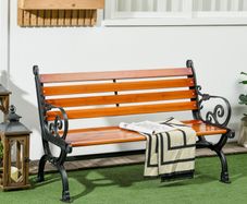 Two-Seater Bench with Decorative Armrests for Garden & Patio, Cast Aluminum + Natural Wood