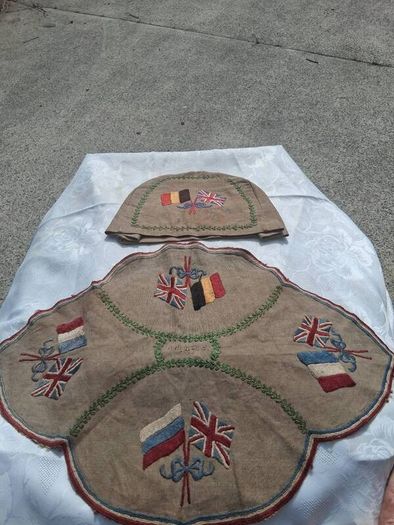 WW1 Embroidered Linen Tray Runner and Tea Cosy