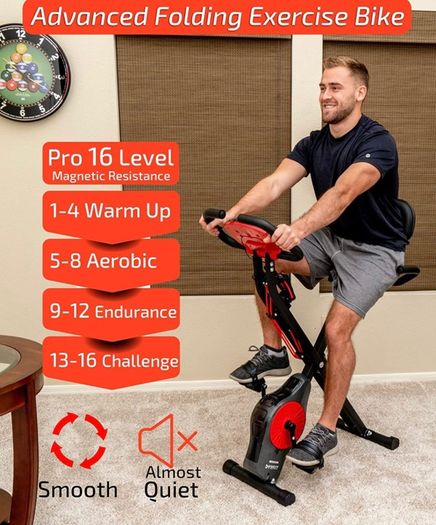 Foldable Fitness Exercise Bike with Resistance Bands, 16 Magnetic Resistance Levels with Pulse Sensor, Phone/Tablet Holder with Smooth and Quiet Cycling (FREE POSTAGE)