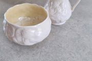Belleek Pottery /China / Lotus Pattern / Yellow / Creamer / Open Sugar Bowl/ 3rd Green Stamp / Set / Creamer and Sugar / Vintage