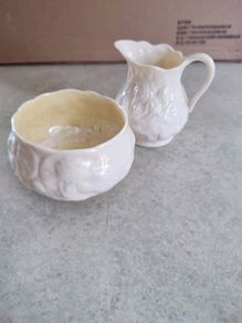 Belleek Pottery /China / Lotus Pattern / Yellow / Creamer / Open Sugar Bowl/ 3rd Green Stamp / Set / Creamer and Sugar / Vintage