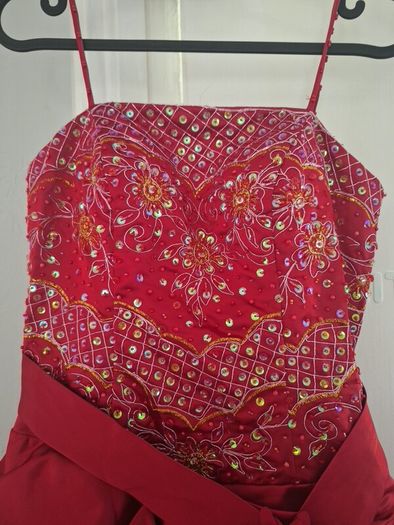 red floor length dress