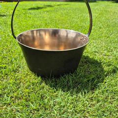 19th-century antique solid brass preserving pan with a hand-forged iron swing handle.