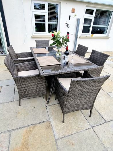 Rattan Fuji table, 8 chairs & coffee table