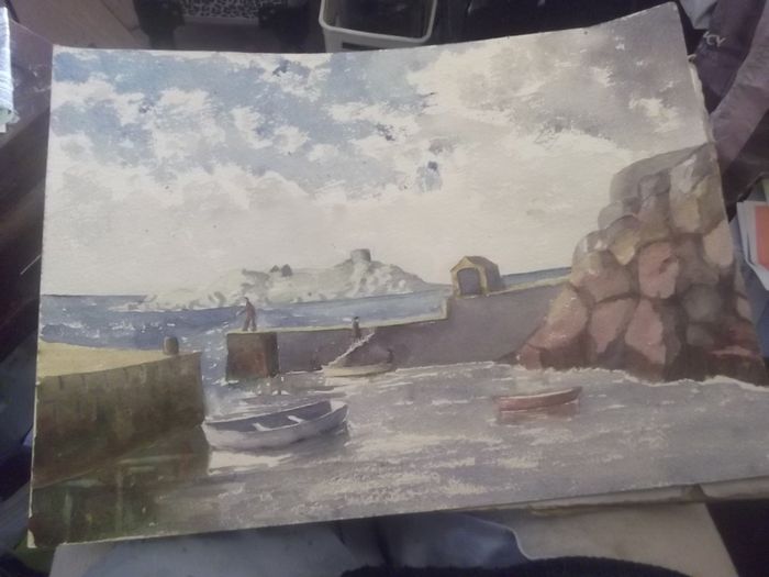 a water colour painting of a harbour,irelands eye