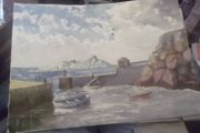 a water colour painting of a harbour,irelands eye