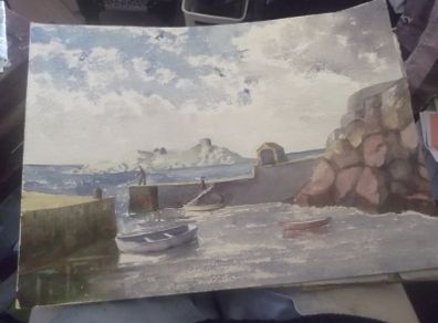 a water colour painting of a harbour,irelands eye