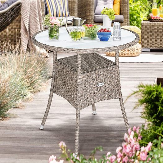 Polyrattan Side Table / Garden Table with Frosted Glass Table Top - 60-80 cm - Choice of Colours, 60cm, Grey / Beige