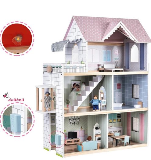 Wooden Dolls House, 2.6 Feet High with Elevator, Doorbell, Light 15 Pieces Furnitures and 3 Dolls, Toys Suitable for Girls Aged 3-7+, Birthday and Christmas Gift