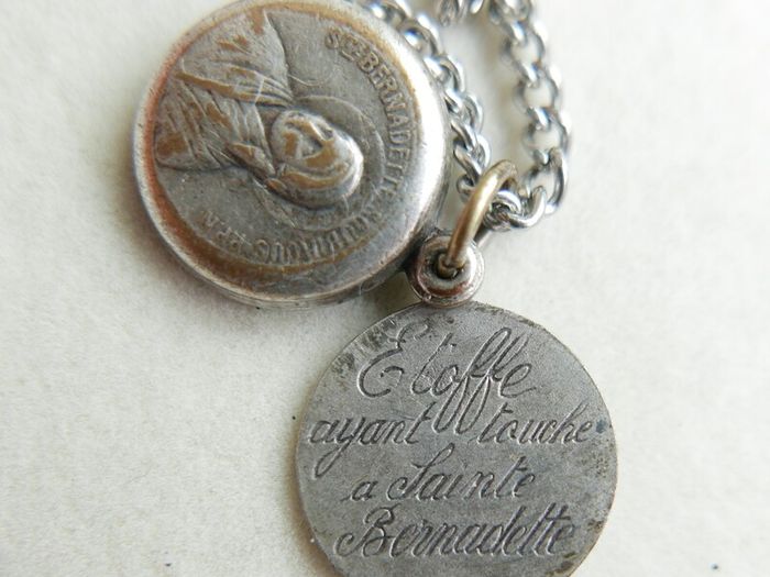 Vintage St. Bernadette Sliding  Catholic Circle Pendant and chain