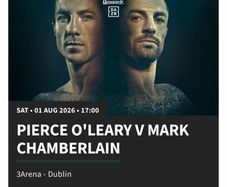 2x seated Pierce O Leary v Mark Chamberlain tickets 3Arena