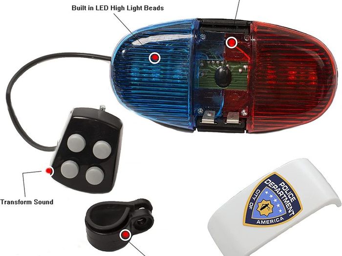 Kids Tech Bike LED light - Police Sound Light Electronic Horn - Bicycle Siren, 5 LED Light 4 Sounds Trumpet light, Multi Color, 5.11 x 2.9 x 1.4in. (13 x 7.5x 3.5cm)